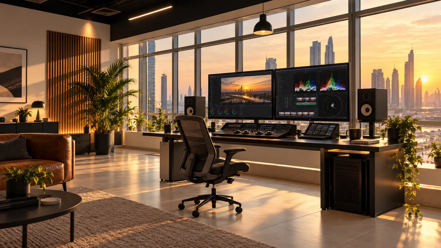 Illustrative colour grading workstation with video scopes