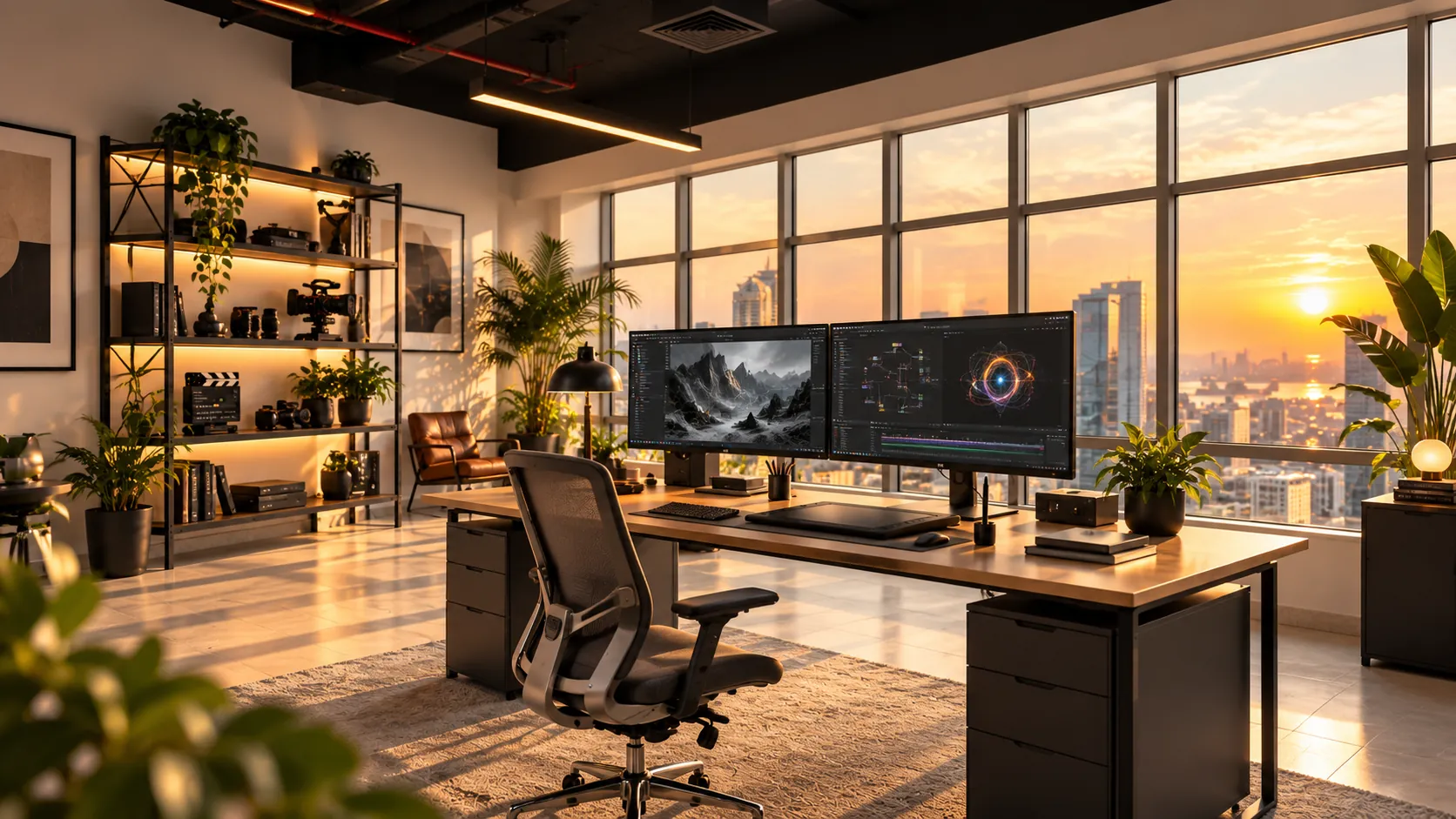 Illustrative professional post-production workstation, not a photograph of the Kochi studio