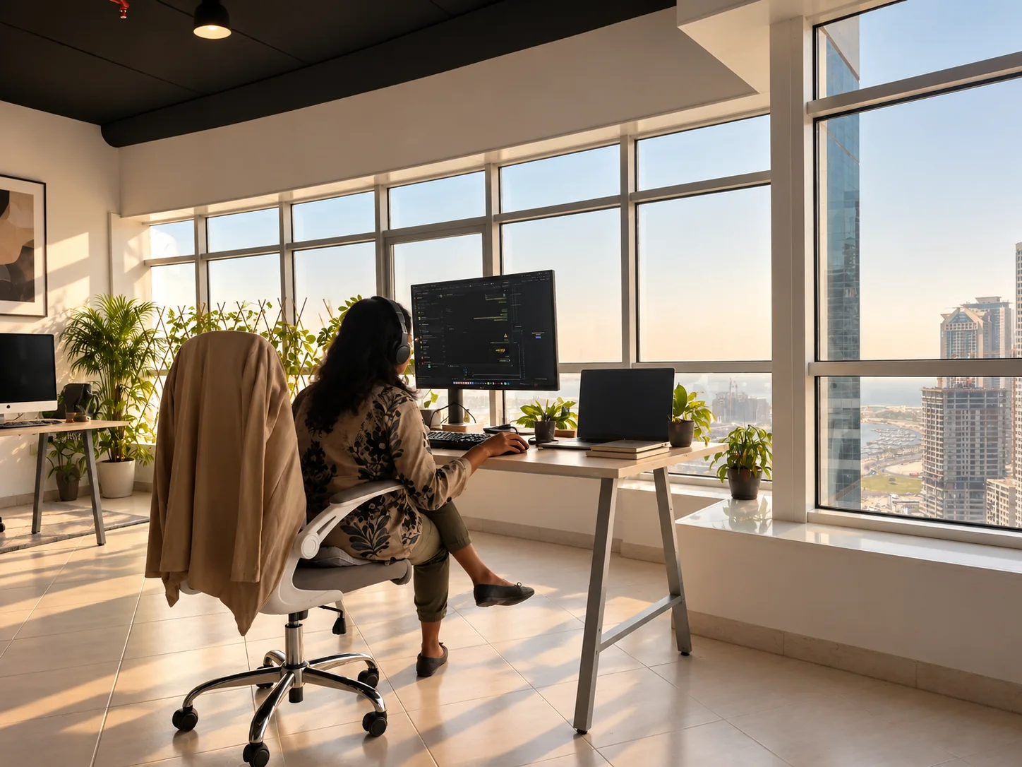 Editor working at a workstation by the large windows at adGrains Sharjah studio